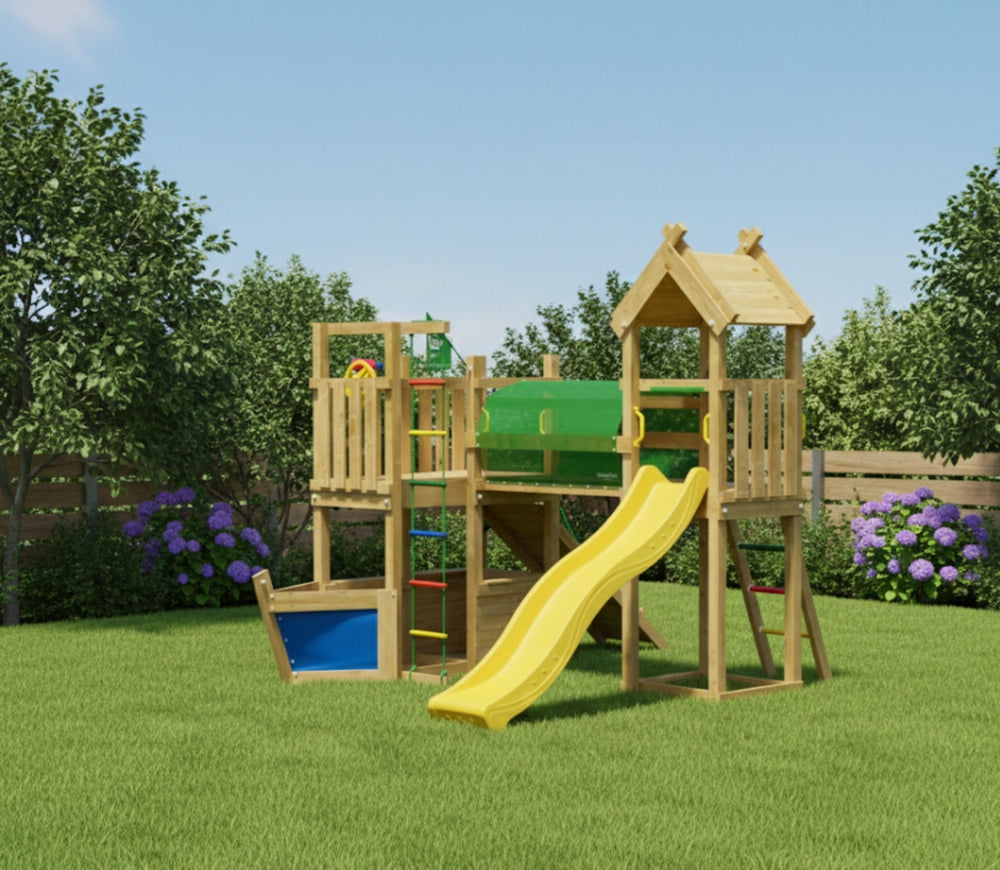 Jungle Navigator | Wooden climbing frame with slide & market stall