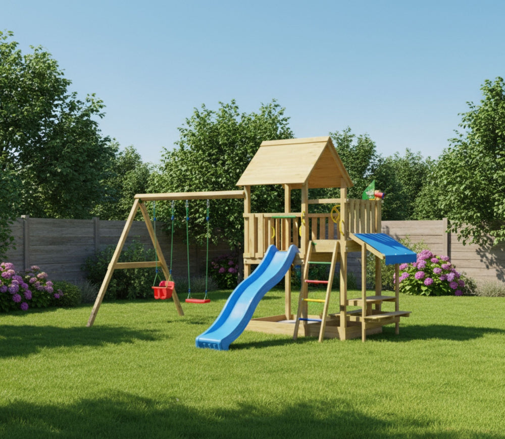 Jungle Lagoon | Wooden climbing frame with double swing