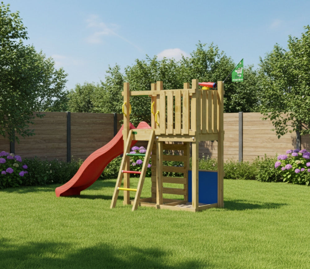 Jungle Nest | Wooden climbing frame with slide & market stall