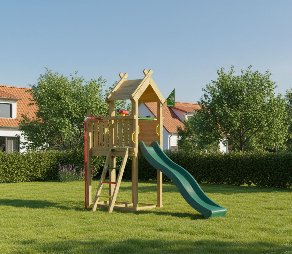 Jungle Tiki | Wooden climbing frame with slide & fireman's pole