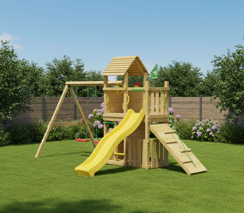 Jungle Argos | Tower playhouse with swings & veranda