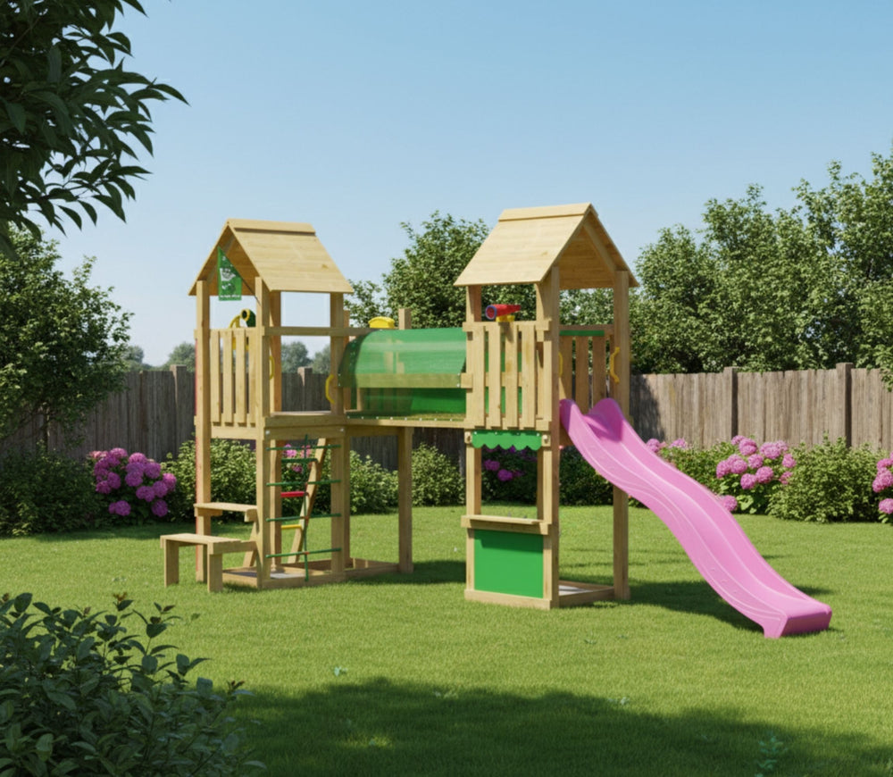 Jungle Spark | Wooden climbing frame with slide & market stall