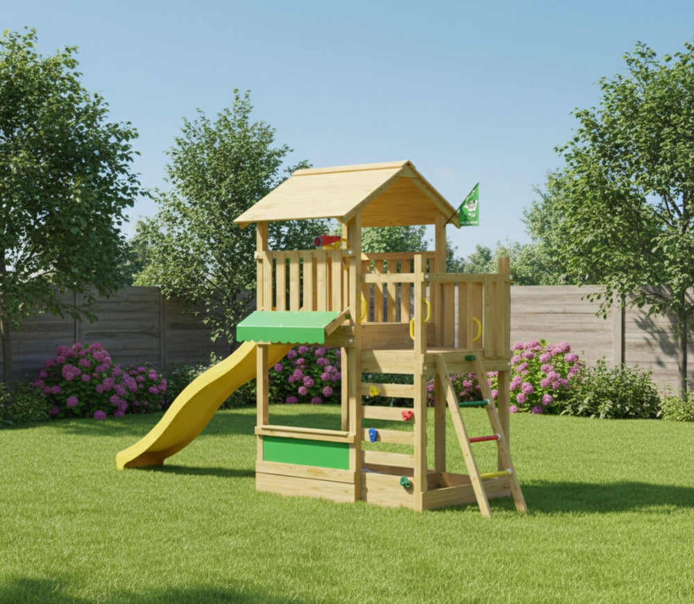 Jungle Bayou | Wooden climbing frame with slide & market stall