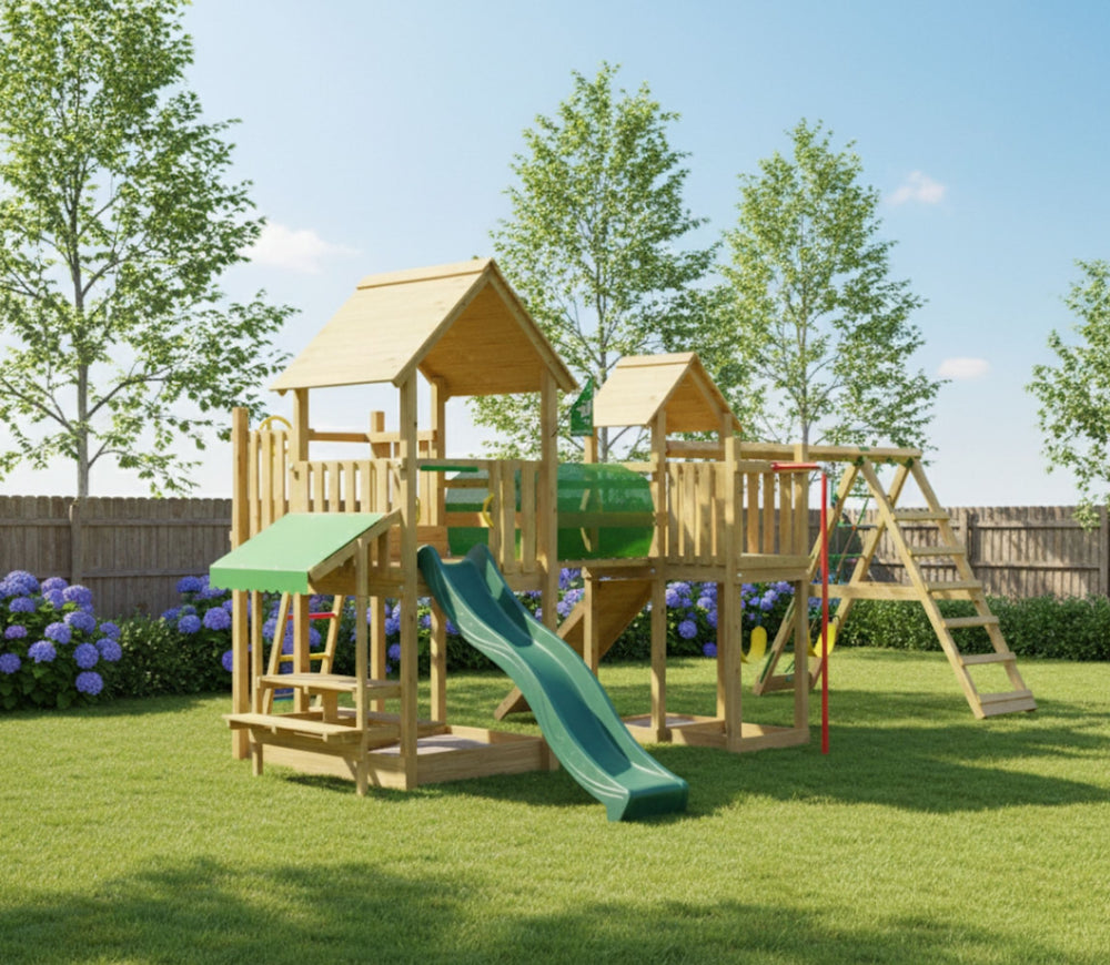 Jungle Atlas | Wooden climbing frame with swings & climbing net