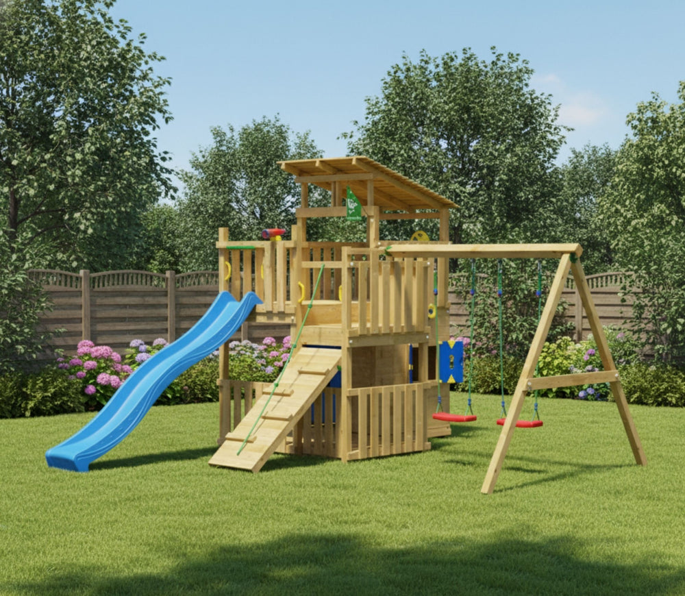 Jungle Delta | Tower playhouse with swings & veranda