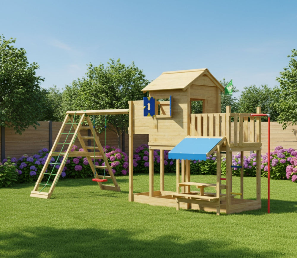 Jungle Clubhouse | Wooden climbing frame with swing & climbing net