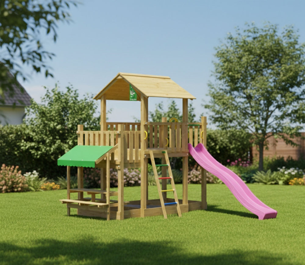 Jungle Valley | Wooden climbing frame with slide & picnic table