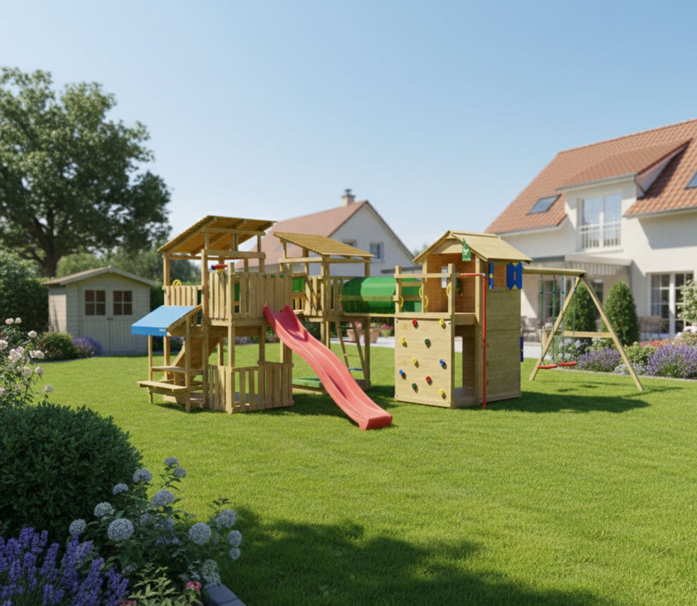 Jungle Crest | Tower playhouse with swings & veranda