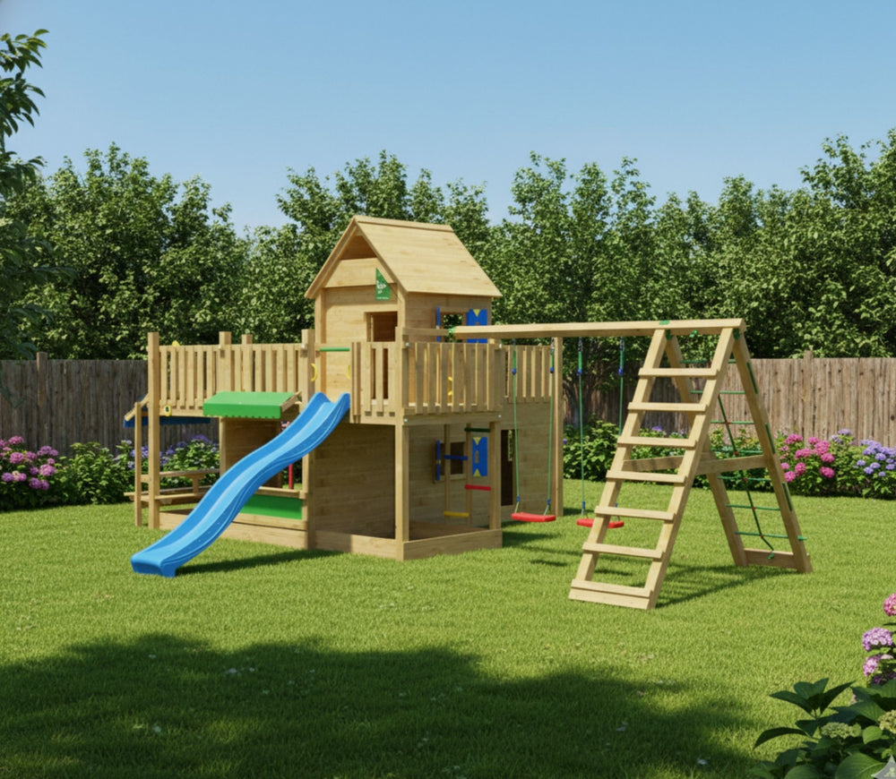 Jungle Hotel | Tower playhouse with swings & climbing net