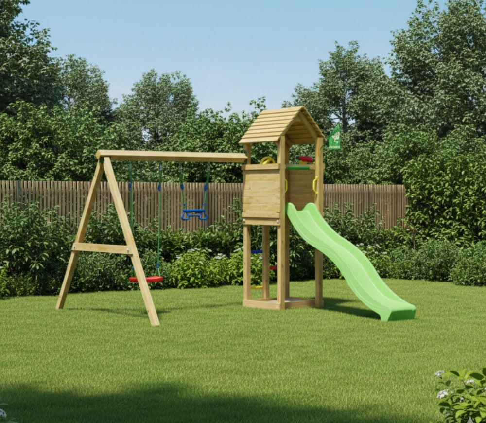 Jungle Delight | Wooden climbing frame with double swing