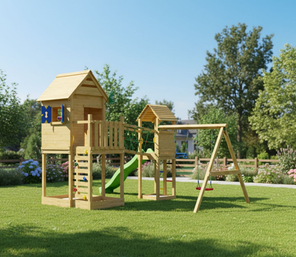 Jungle Retreat | Wooden climbing frame with double swing