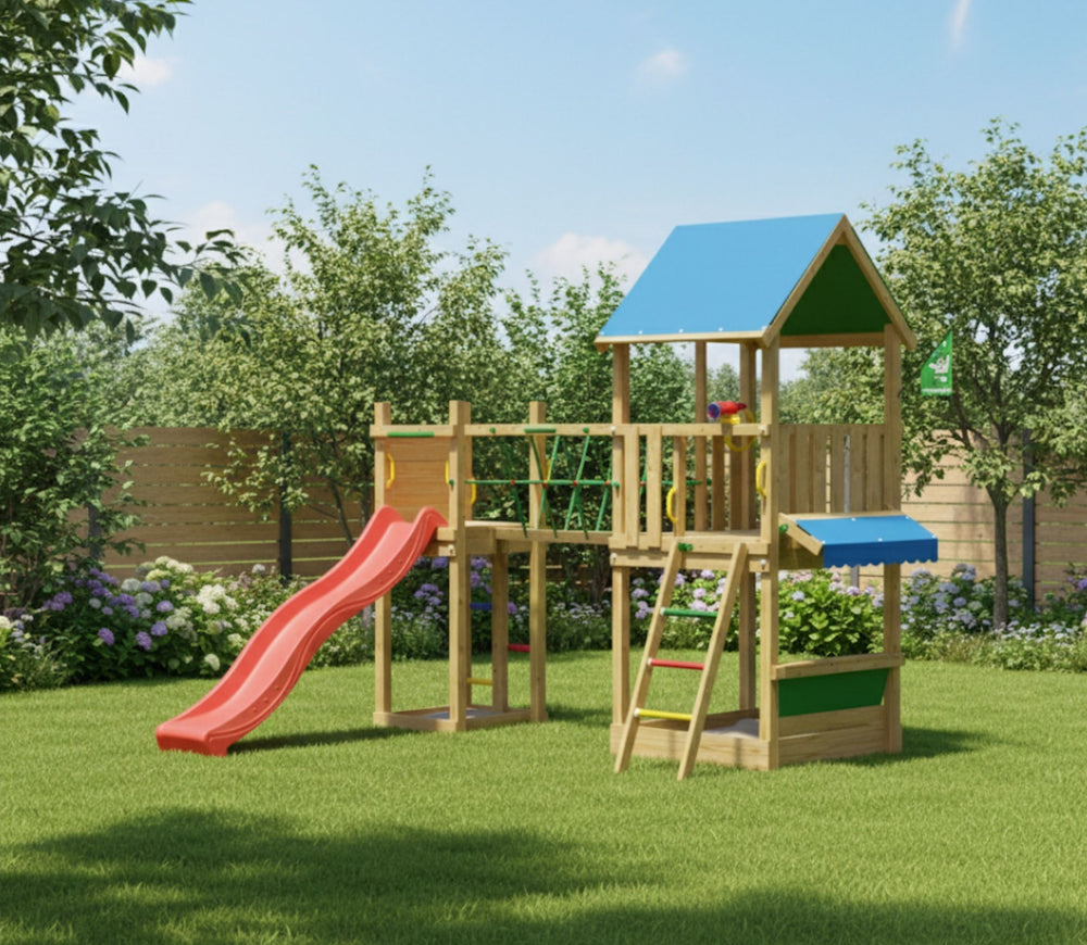 Jungle Coupe | Wooden climbing frame with slide & market stall