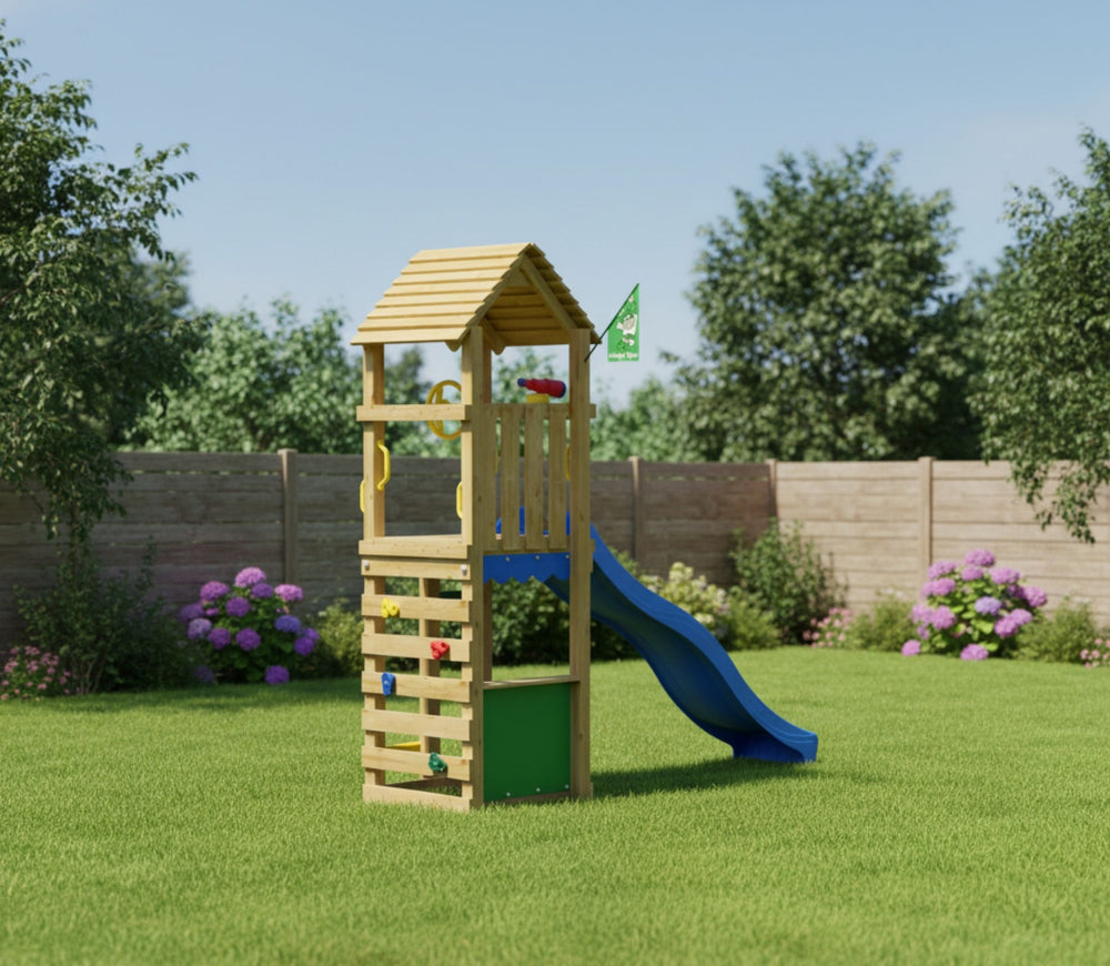 Jungle Nook | Wooden climbing frame with slide & market stall