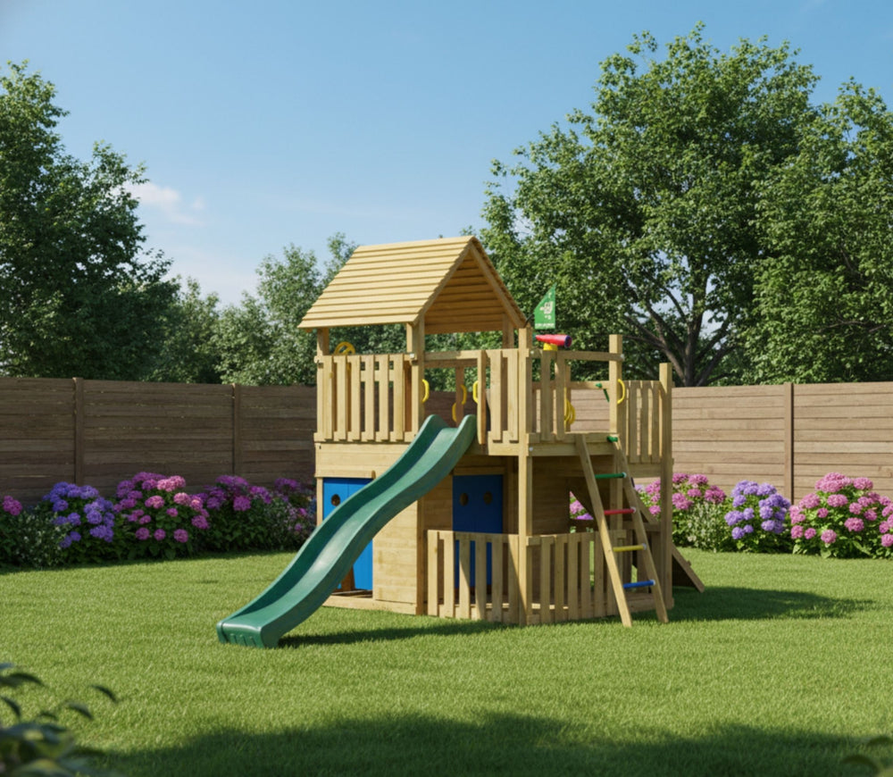 Jungle Den | Tower playhouse with slide & veranda