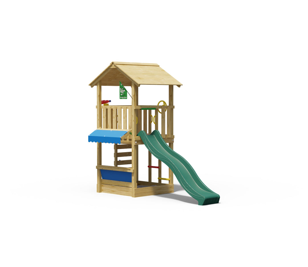 Jungle Vista | Wooden climbing frame with slide & market stall