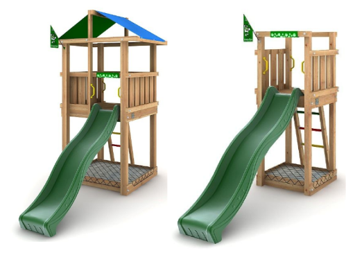 Wooden tower with two swings in white background